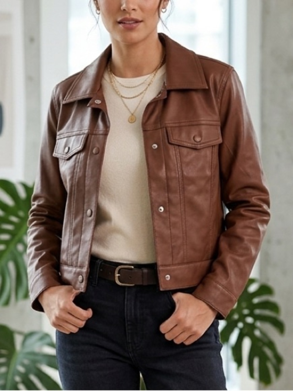 Bagatelle Collection Women’s Brown Faux Leather Trucker Jacket